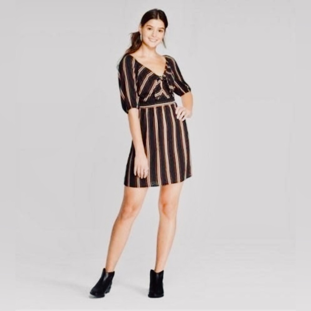 Black Mini Dress 3/4 Puff Sleeve Tie Front V-Neck Vertical Stripes